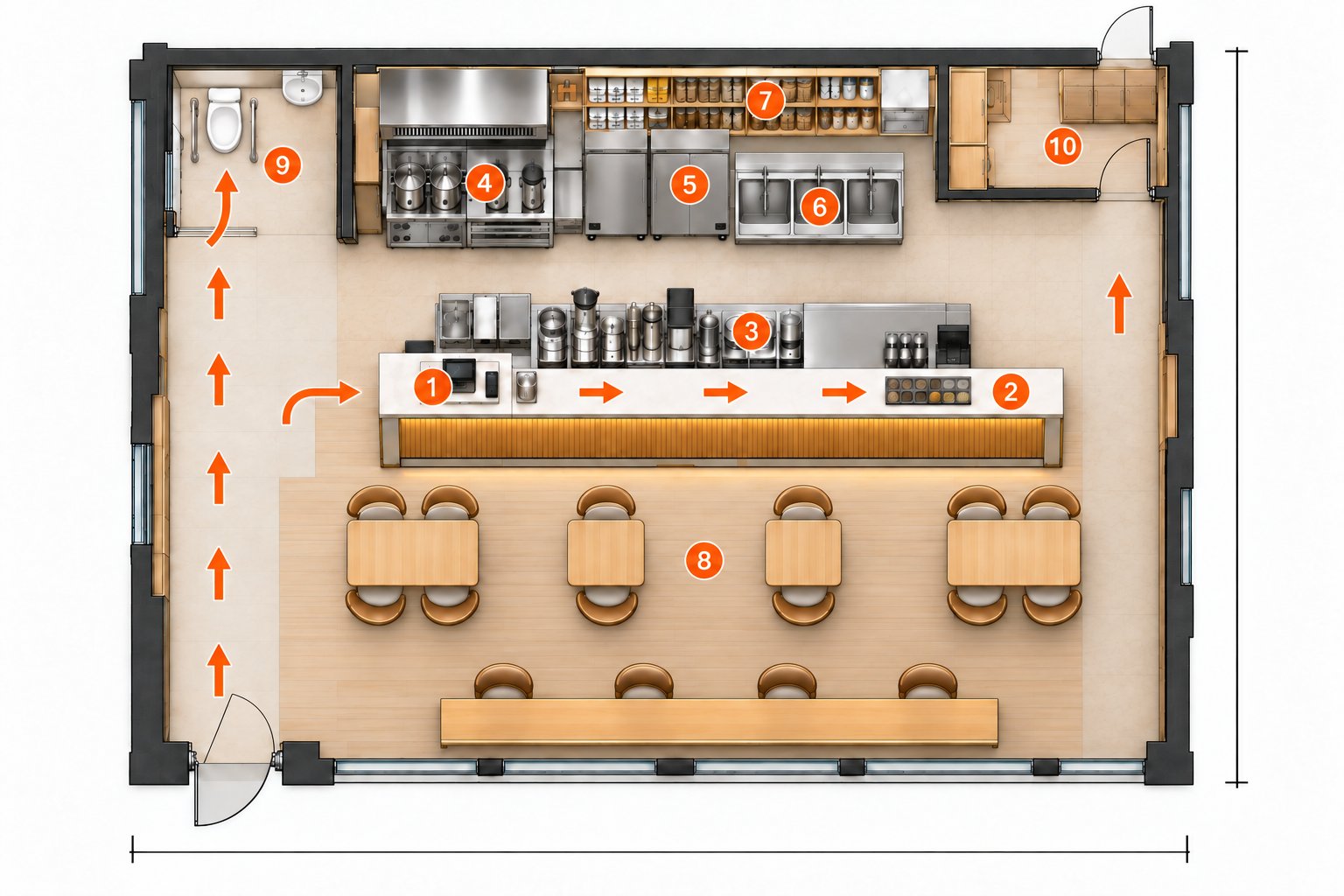 Dine-in 66 m² tea shop floor plan